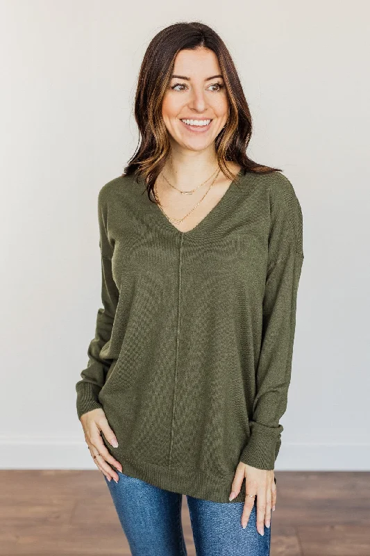 Redefining Women's Style Angel On Earth V-Neck Sweater- Olive