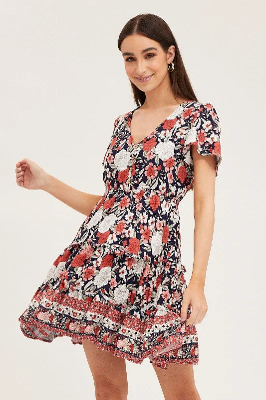 Boho Print Skater Dress Short Sleeve Mini V Neck