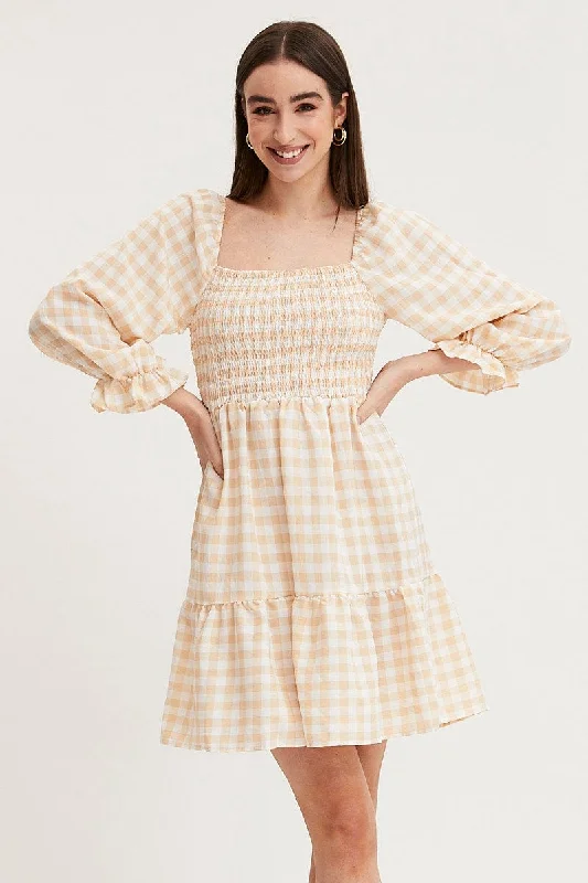 Check Skater Dress Puff Sleeve Mini