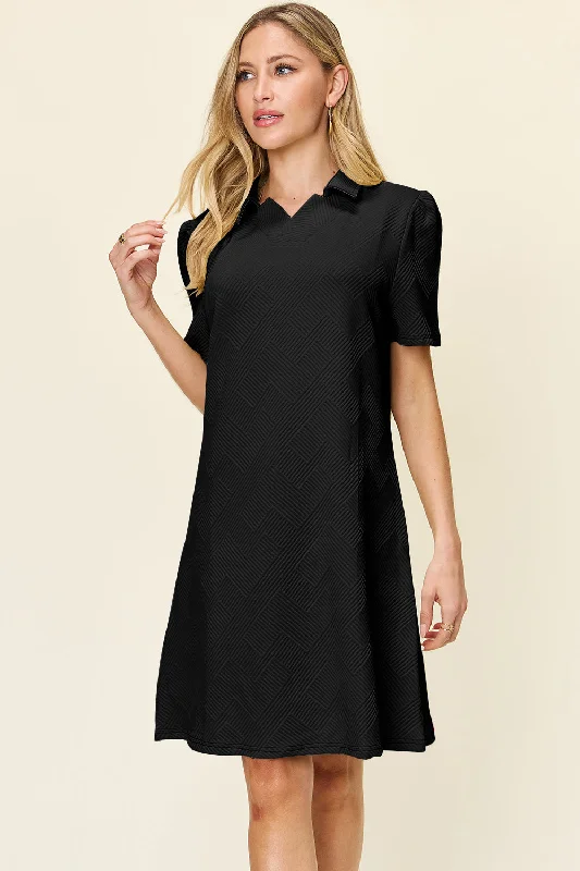 Full Size Texture Collared Neck Short Sleeve Dress