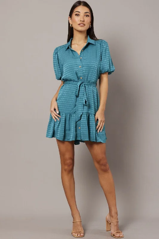 Green Fit And Flare Dress Short Sleeve Mini