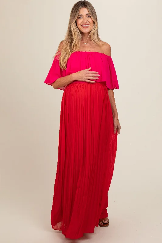 Red Pleated Off Shoulder Colorblock Maternity Maxi Dress