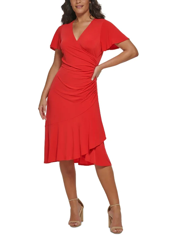 Womens Gathered Surplice Midi Dress