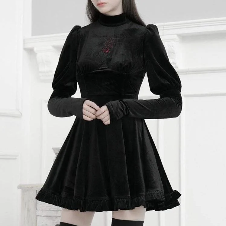 Women's Gothic Stand Collar Leg-of-mutton Sleeved Velvet Dresses