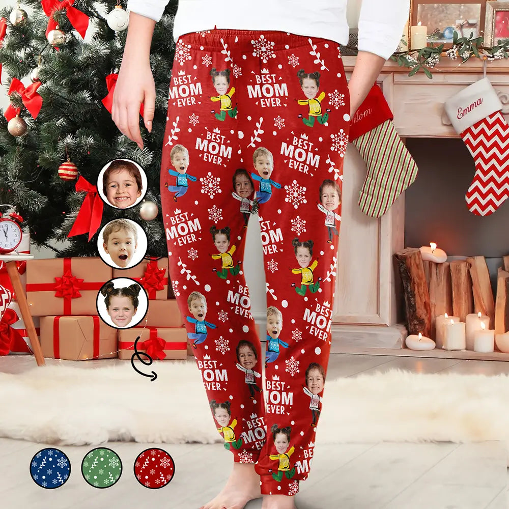 Custom Photo Best Mom Grandma Ever Snow Pattern - Personalized Pajama Pants