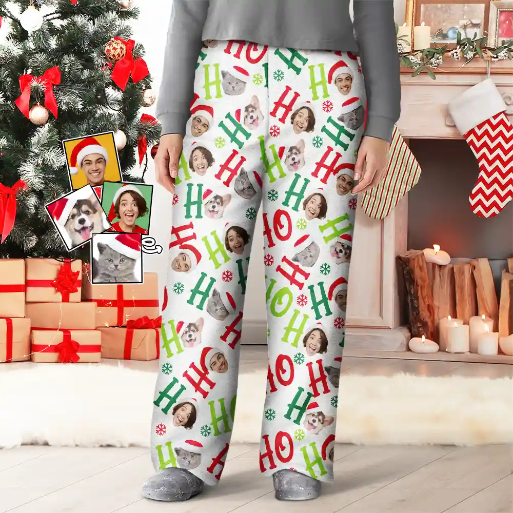 Custom Photo Funny Dog Cat Pet Human Faces Ho Ho Ho Christmas - Personalized Pajama Pants