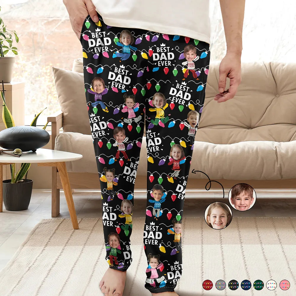 Custom Photo Funny Kids Best Dad Grandpa Ever Christmas Light - Personalized Pajama Pants