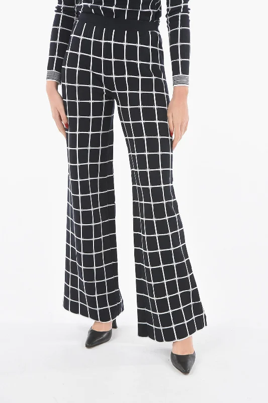 DROMe Windowpane-checkered Jersey Flared Pants with Scalloped Hem