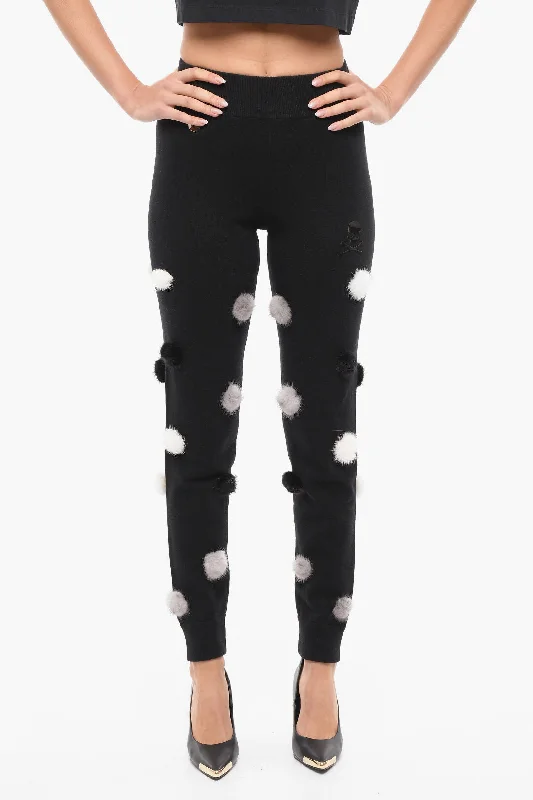 Philipp Plein Wool Blend SKULL Sweatpants with Fur Pon Pon