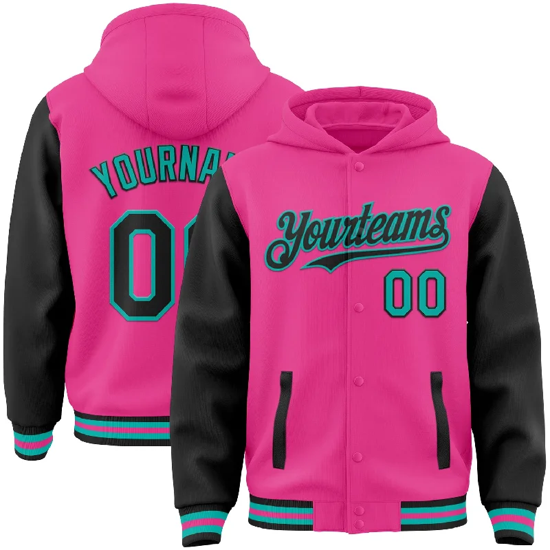 Versatile Gender-Free Wardrobe Essentials Street Style Discounts Custom Pink Black-Aqua Bomber Full-Snap Varsity Letterman Two Tone Hoodie Jacket Versatile Gender-Free Wardrobe Essentials Street Style Discounts Custom Pink Black-Aqua Bomber Full-Snap Varsity Letterman Two Tone Hoodie Jacket
