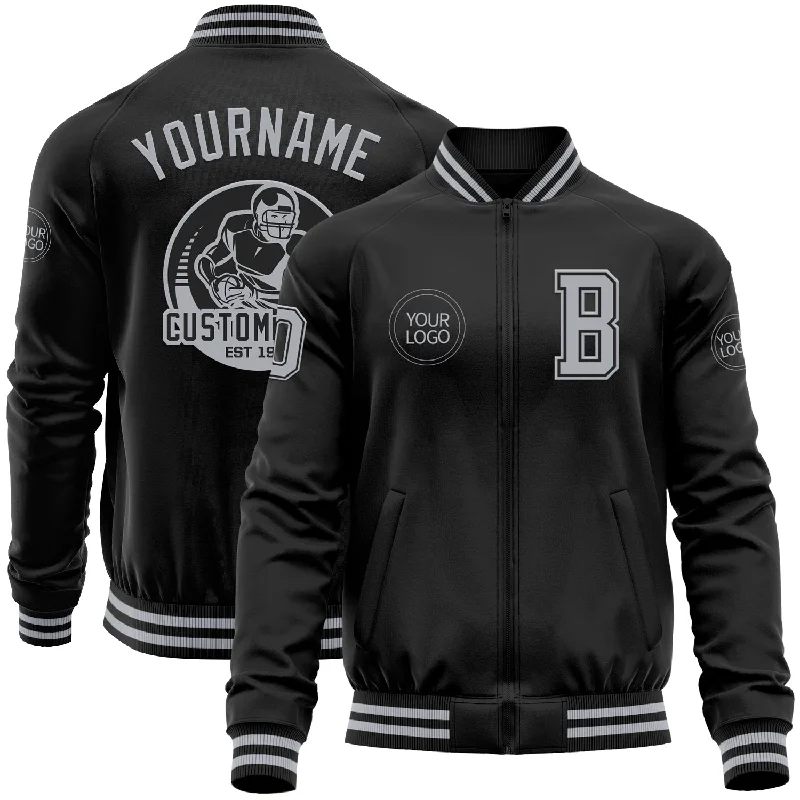 Sleek And Contemporary Gender-Free Outfits Style Without Limits Custom Black Gray Bomber Varsity Letterman Zipper Jacket Sleek And Contemporary Gender-Free Outfits Style Without Limits Custom Black Gray Bomber Varsity Letterman Zipper Jacket