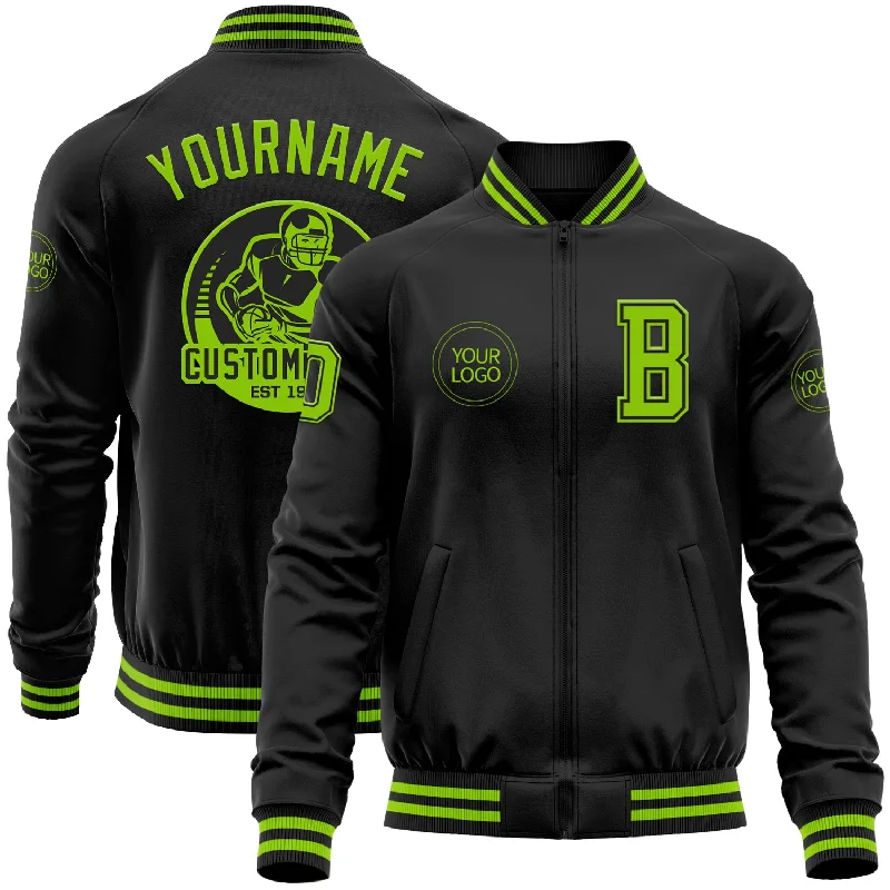 Fashion-Forward Gender-Neutral Outerwear Limited Time Special Offer Custom Black Neon Green Bomber Varsity Letterman Zipper Jacket Fashion-Forward Gender-Neutral Outerwear Limited Time Special Offer Custom Black Neon Green Bomber Varsity Letterman Zipper Jacket