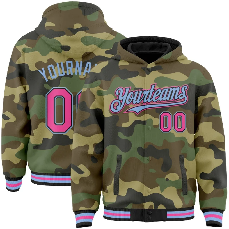 Chic And Casual Unisex Fashion Trends Fashion Essentials Custom Camo Pink Black-Light Blue Bomber Full-Snap Varsity Letterman Salute To Service Hoodie Jacket Chic And Casual Unisex Fashion Trends Fashion Essentials Custom Camo Pink Black-Light Blue Bomber Full-Snap Varsity Letterman Salute To Service Hoodie Jacket