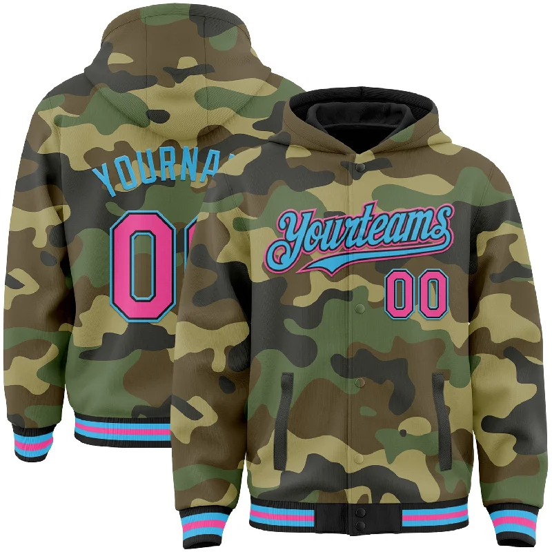 Urban-Inspired Unisex Fashion Pieces Evening Elegance Custom Camo Pink Black-Sky Blue Bomber Full-Snap Varsity Letterman Salute To Service Hoodie Jacket Urban-Inspired Unisex Fashion Pieces Evening Elegance Custom Camo Pink Black-Sky Blue Bomber Full-Snap Varsity Letterman Salute To Service Hoodie Jacket