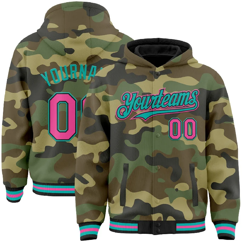 Fashion-Forward Gender-Neutral Outerwear Summer Fashion Custom Camo Pink Black-Aqua Bomber Full-Snap Varsity Letterman Salute To Service Hoodie Jacket Fashion-Forward Gender-Neutral Outerwear Summer Fashion Custom Camo Pink Black-Aqua Bomber Full-Snap Varsity Letterman Salute To Service Hoodie Jacket