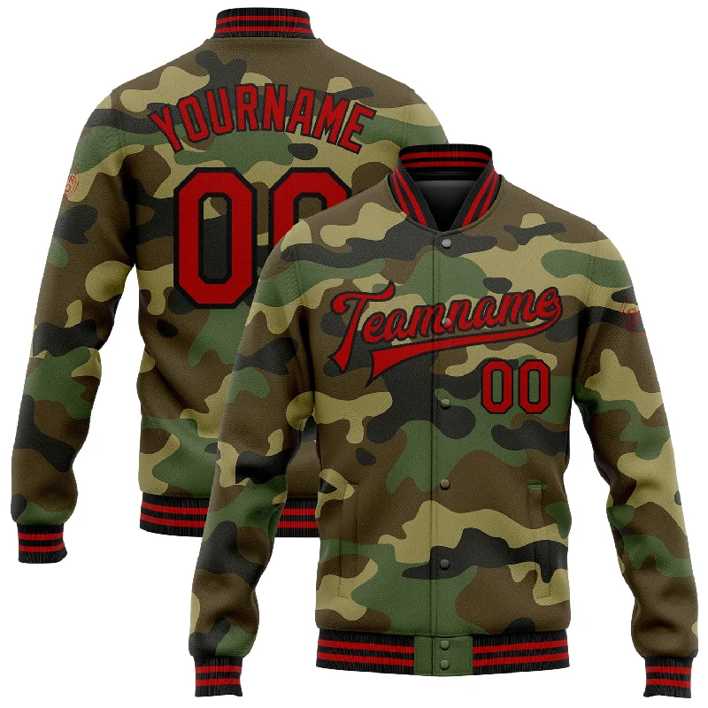 Soft And Breathable Unisex Loungewear Chic Style, Always In Vogue Custom Camo Red-Black Bomber Full-Snap Varsity Letterman Salute To Service Jacket