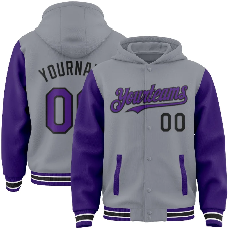 Oversized Unisex Fashion Pieces Contemporary Chic Promotions Custom Gray Purple-Black Bomber Full-Snap Varsity Letterman Two Tone Hoodie Jacket Oversized Unisex Fashion Pieces Contemporary Chic Promotions Custom Gray Purple-Black Bomber Full-Snap Varsity Letterman Two Tone Hoodie Jacket
