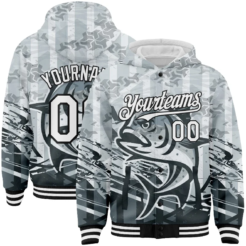 Breathable And Lightweight Unisex Wear Flash Sale Starts Custom Gray White-Black Giant Trevally Fish Fishing 3D Bomber Full-Snap Varsity Letterman Hoodie Jacket