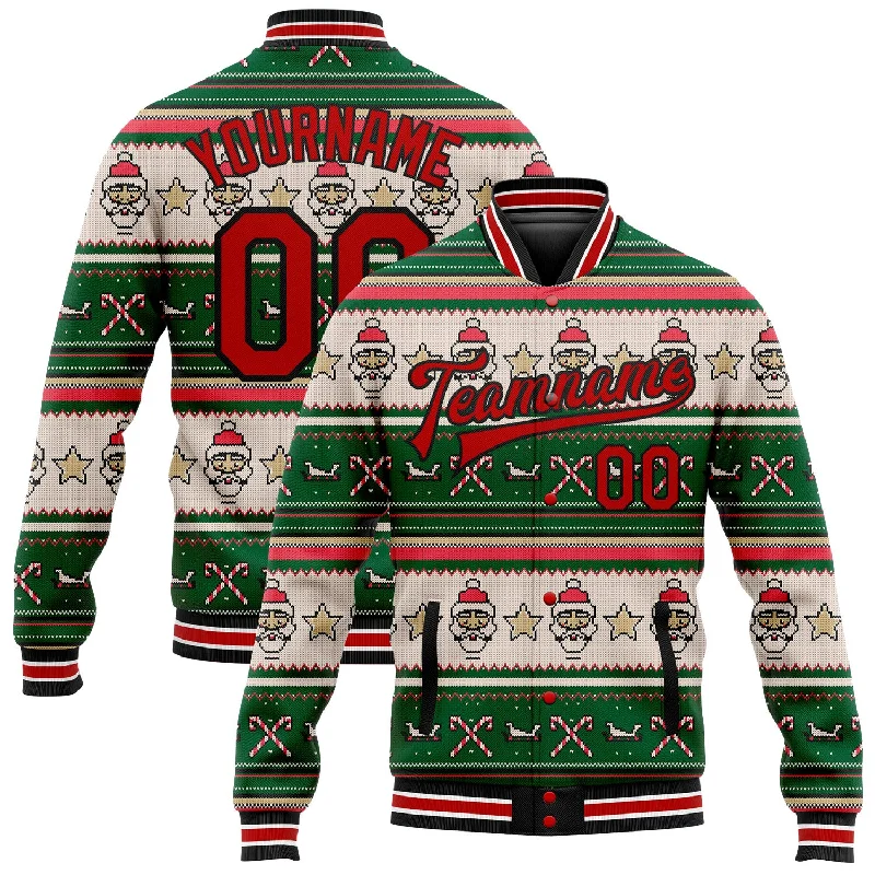 Sleek And Contemporary Gender-Free Outfits Cozy Chic Promotions Custom Green Red-Black Christmas 3D Bomber Full-Snap Varsity Letterman Jacket