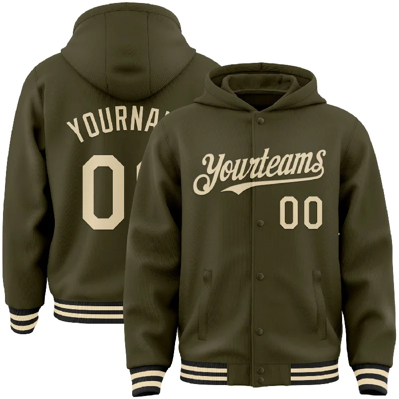Sustainable And Ethical Unisex Clothing Hot Sale Custom Olive Cream-Black Bomber Full-Snap Varsity Letterman Salute To Service Hoodie Jacket Sustainable And Ethical Unisex Clothing Hot Sale Custom Olive Cream-Black Bomber Full-Snap Varsity Letterman Salute To Service Hoodie Jacket