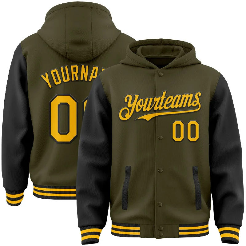 Urban-Inspired Unisex Fashion Trends Sporty Fashion Offers Custom Olive Gold-Black Bomber Full-Snap Varsity Letterman Two Tone Salute To Service Hoodie Jacket Urban-Inspired Unisex Fashion Trends Sporty Fashion Offers Custom Olive Gold-Black Bomber Full-Snap Varsity Letterman Two Tone Salute To Service Hoodie Jacket