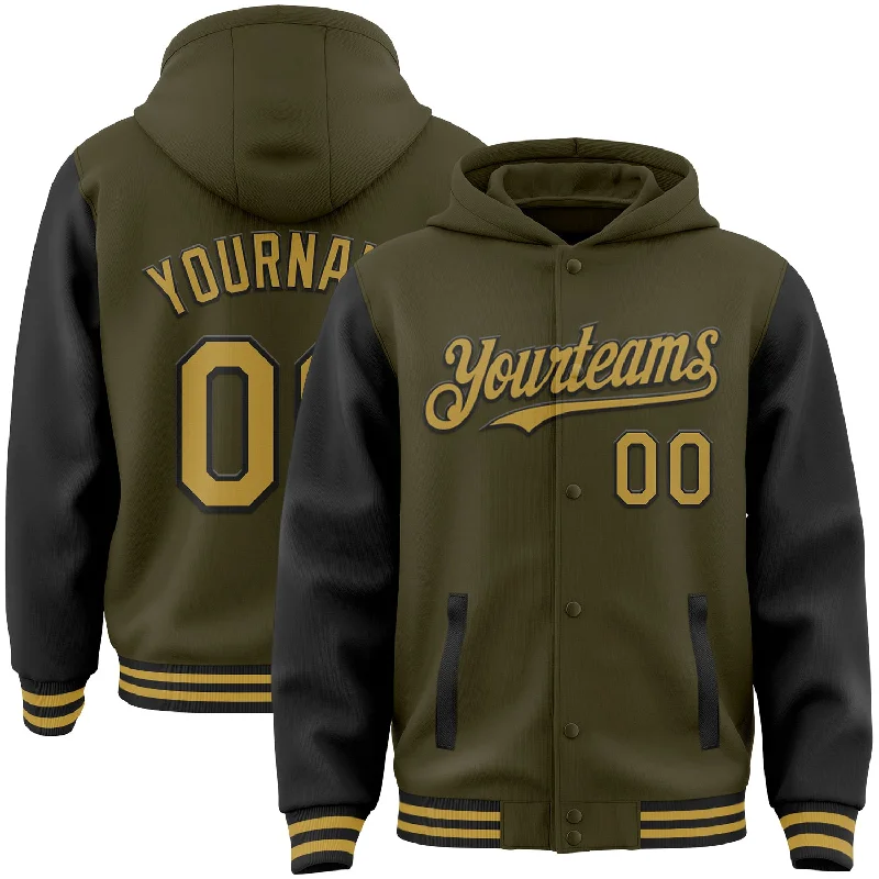 Chic And Contemporary Unisex Clothing Choices Urban Style Promotions Custom Olive Old Gold-Black Bomber Full-Snap Varsity Letterman Two Tone Salute To Service Hoodie Jacket Chic And Contemporary Unisex Clothing Choices Urban Style Promotions Custom Olive Old Gold-Black Bomber Full-Snap Varsity Letterman Two Tone Salute To Service Hoodie Jacket