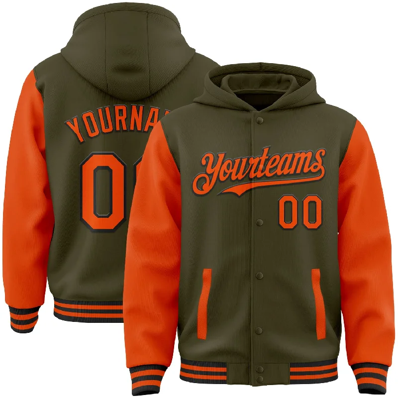 Breathable And Lightweight Unisex Wear Luxury Casual Deals Custom Olive Orange-Black Bomber Full-Snap Varsity Letterman Two Tone Salute To Service Hoodie Jacket Breathable And Lightweight Unisex Wear Luxury Casual Deals Custom Olive Orange-Black Bomber Full-Snap Varsity Letterman Two Tone Salute To Service Hoodie Jacket