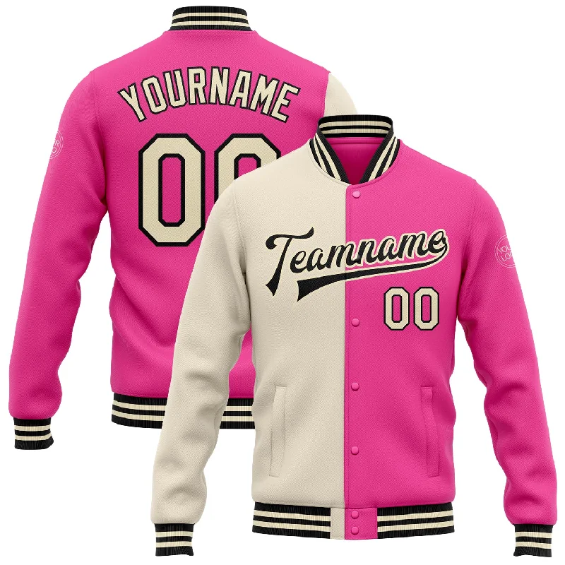 Classic And Timeless Unisex Style Special Offer Custom Pink Cream-Black Bomber Full-Snap Varsity Letterman Split Fashion Jacket Classic And Timeless Unisex Style Special Offer Custom Pink Cream-Black Bomber Full-Snap Varsity Letterman Split Fashion Jacket