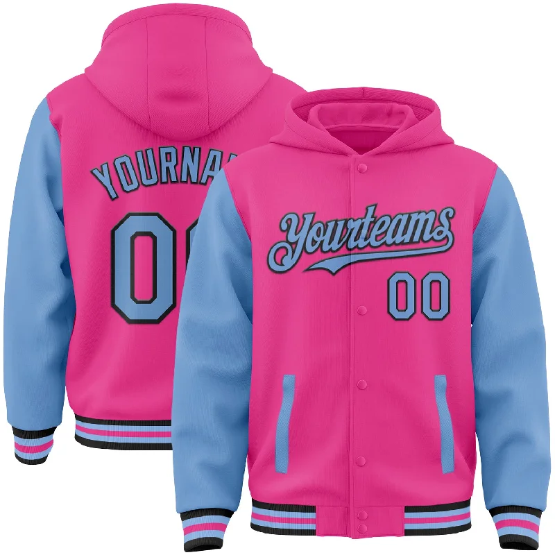 Soft And Breathable Unisex Loungewear Polished Style Deals Custom Pink Light Blue-Black Bomber Full-Snap Varsity Letterman Two Tone Hoodie Jacket Soft And Breathable Unisex Loungewear Polished Style Deals Custom Pink Light Blue-Black Bomber Full-Snap Varsity Letterman Two Tone Hoodie Jacket