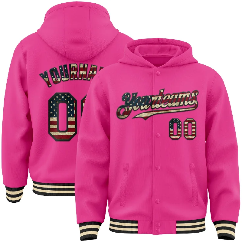 Versatile And Stylish Unisex Apparel Crazy Price Slashing Custom Pink Vintage USA Flag Black-Cream Bomber Full-Snap Varsity Letterman Hoodie Jacket Versatile And Stylish Unisex Apparel Crazy Price Slashing Custom Pink Vintage USA Flag Black-Cream Bomber Full-Snap Varsity Letterman Hoodie Jacket