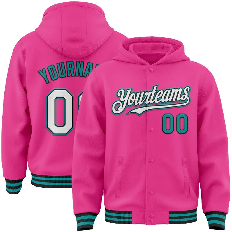 Unisex Casual Wear For All Seasons New Styles Just In Custom Pink Black-Teal Bomber Full-Snap Varsity Letterman Hoodie Jacket Unisex Casual Wear For All Seasons New Styles Just In Custom Pink Black-Teal Bomber Full-Snap Varsity Letterman Hoodie Jacket