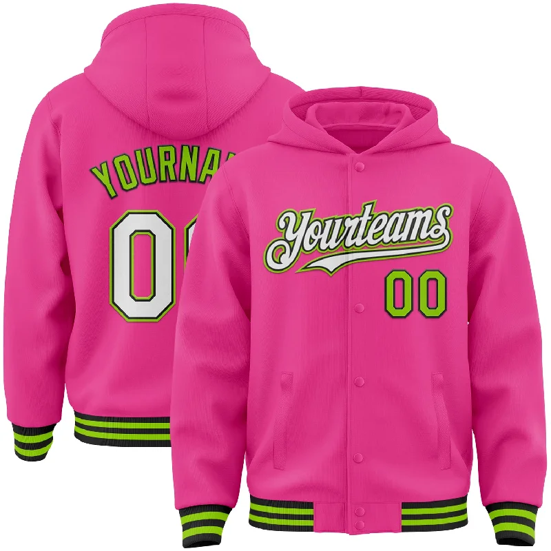 Classic Unisex Fashion Looks Daily Deals Custom Pink Black-Neon Green Bomber Full-Snap Varsity Letterman Hoodie Jacket Classic Unisex Fashion Looks Daily Deals Custom Pink Black-Neon Green Bomber Full-Snap Varsity Letterman Hoodie Jacket