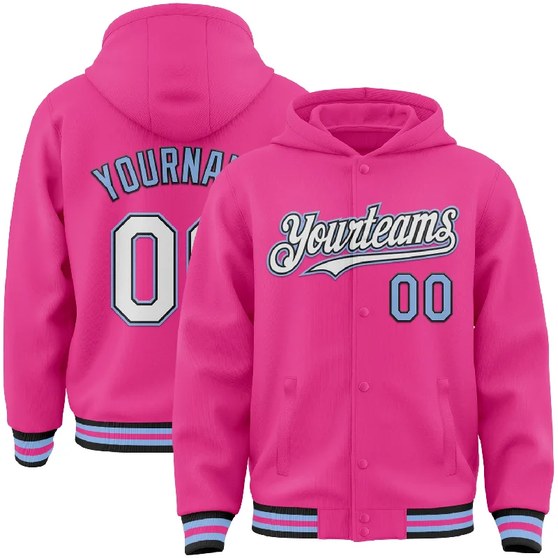 Comfortable Unisex Streetwear Mega Sales Custom Pink Black-Light Blue Bomber Full-Snap Varsity Letterman Hoodie Jacket Comfortable Unisex Streetwear Mega Sales Custom Pink Black-Light Blue Bomber Full-Snap Varsity Letterman Hoodie Jacket