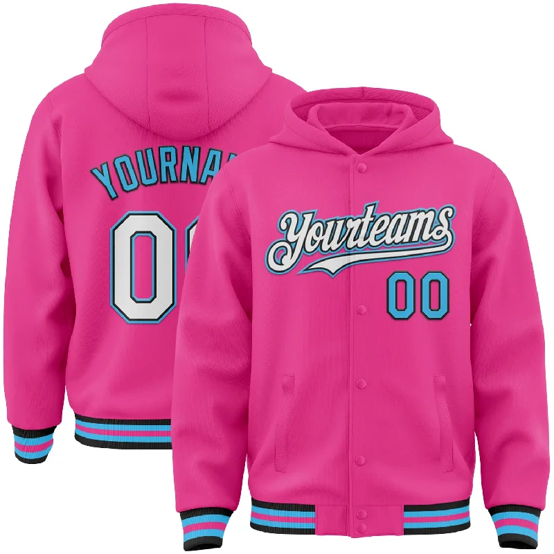Stylish Unisex Outfit Ideas Hot Picks Custom Pink Black-Sky Blue Bomber Full-Snap Varsity Letterman Hoodie Jacket Stylish Unisex Outfit Ideas Hot Picks Custom Pink Black-Sky Blue Bomber Full-Snap Varsity Letterman Hoodie Jacket