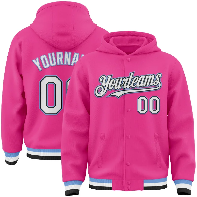 High-Quality Unisex Fashion Basics Feminine Luxe Style Sale Custom Pink Black-Light Blue Bomber Full-Snap Varsity Letterman Hoodie Jacket