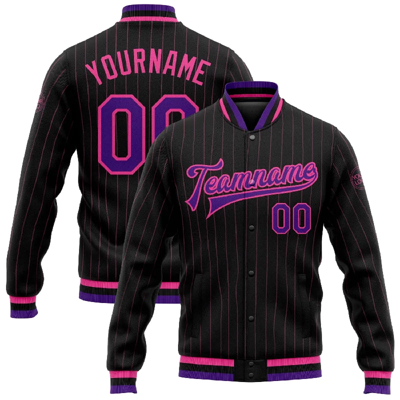 Sustainable Gender-Neutral Apparel Big Discounts Custom Black Pink Pinstripe Purple Bomber Full-Snap Varsity Letterman Jacket Sustainable Gender-Neutral Apparel Big Discounts Custom Black Pink Pinstripe Purple Bomber Full-Snap Varsity Letterman Jacket
