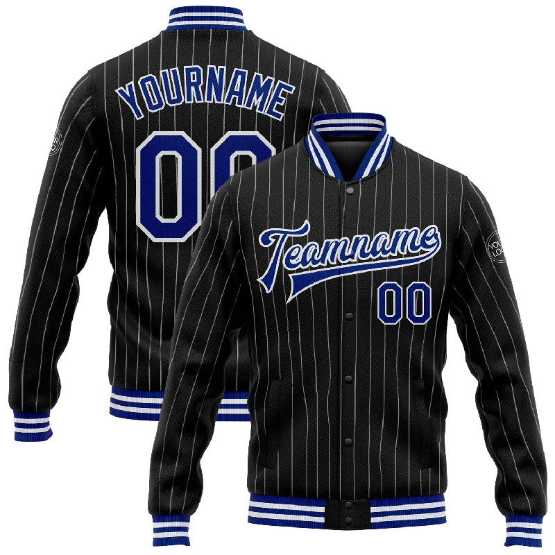 Casual Yet Sophisticated Unisex Fashion Fashion Forward Custom Black White Pinstripe Royal Bomber Full-Snap Varsity Letterman Jacket Casual Yet Sophisticated Unisex Fashion Fashion Forward Custom Black White Pinstripe Royal Bomber Full-Snap Varsity Letterman Jacket