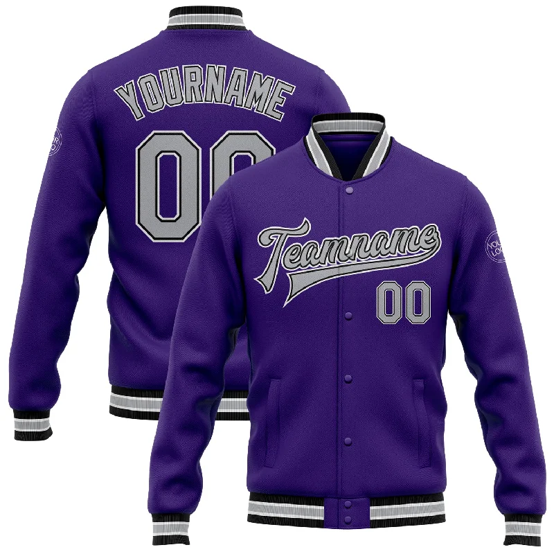 Chic And Casual Unisex Fashion Trends Seasonal Clearance Custom Purple Gray-Black Bomber Full-Snap Varsity Letterman Jacket Chic And Casual Unisex Fashion Trends Seasonal Clearance Custom Purple Gray-Black Bomber Full-Snap Varsity Letterman Jacket