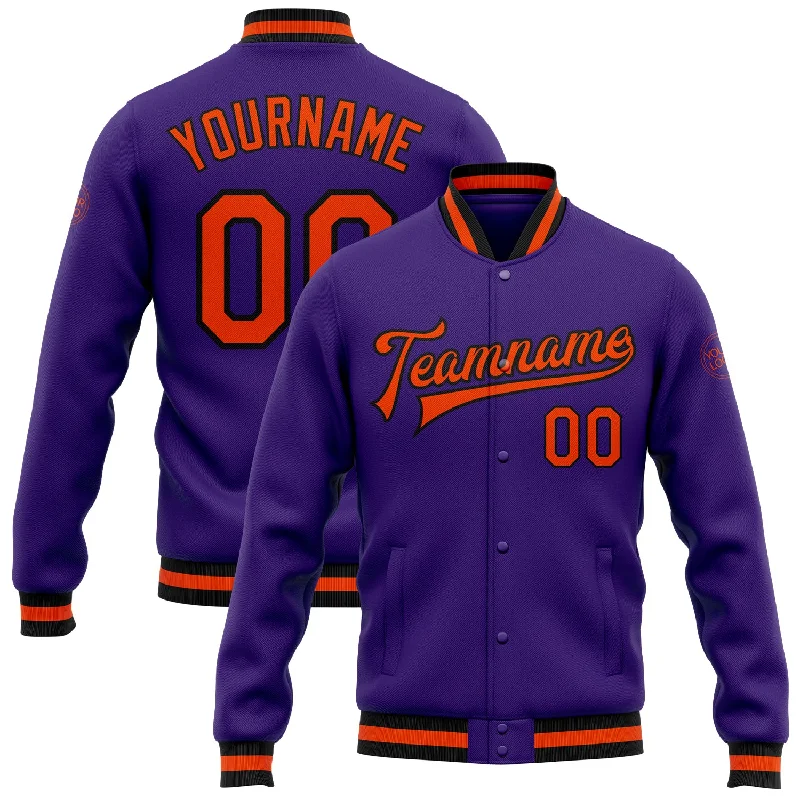 Modern Unisex Wardrobe Staples Fashion Sale Custom Purple Orange-Black Bomber Full-Snap Varsity Letterman Jacket Modern Unisex Wardrobe Staples Fashion Sale Custom Purple Orange-Black Bomber Full-Snap Varsity Letterman Jacket