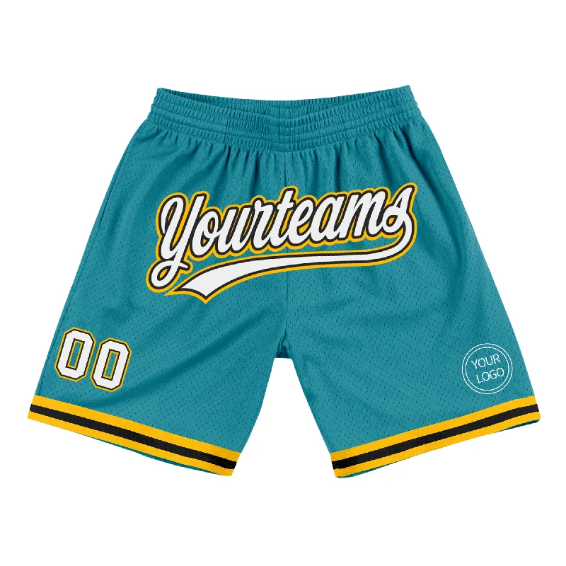 Functional And Stylish Unisex Wear Fashion-Forward Custom Teal White Black-Gold Authentic Throwback Basketball Shorts Functional And Stylish Unisex Wear Fashion-Forward Custom Teal White Black-Gold Authentic Throwback Basketball Shorts
