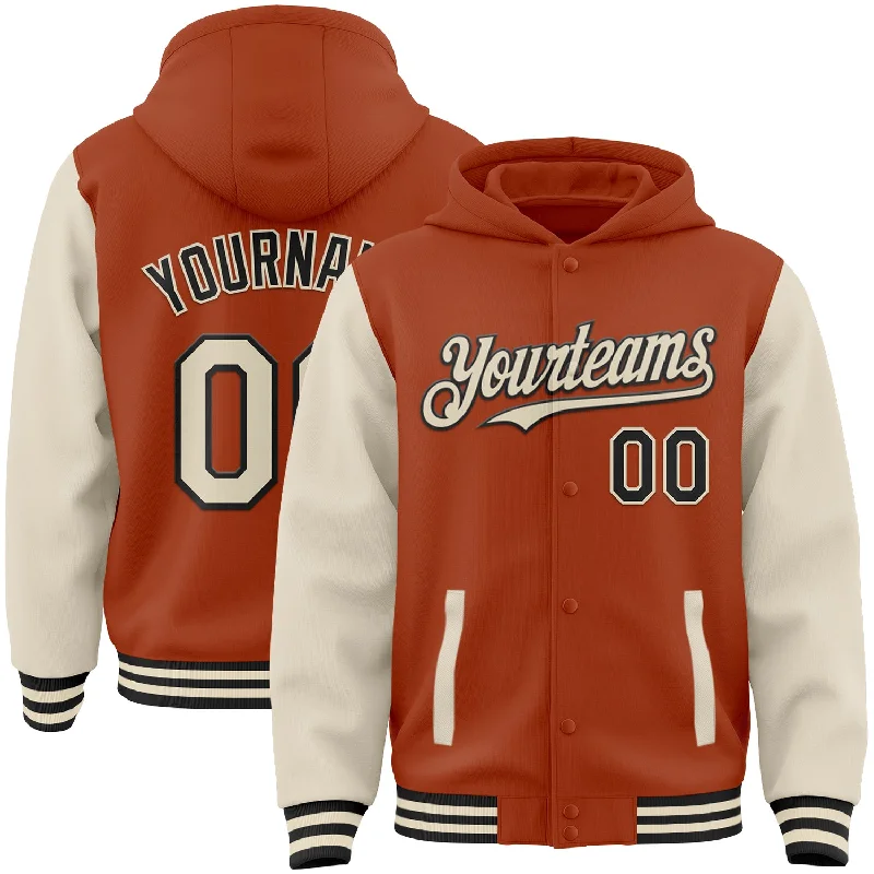 Effortless And Modern Unisex Dressing Hot Trends Custom Texas Orange Cream-Black Bomber Full-Snap Varsity Letterman Two Tone Hoodie Jacket Effortless And Modern Unisex Dressing Hot Trends Custom Texas Orange Cream-Black Bomber Full-Snap Varsity Letterman Two Tone Hoodie Jacket