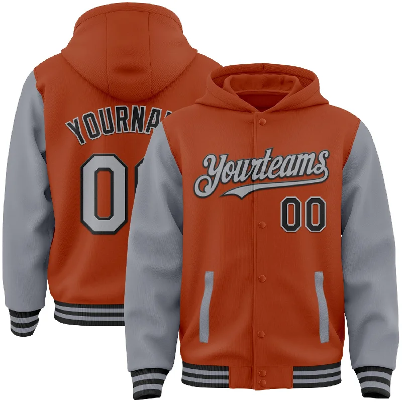 Casual And Trendy Unisex Fashion Staples End-Of-Season Clearance Custom Texas Orange Gray-Black Bomber Full-Snap Varsity Letterman Two Tone Hoodie Jacket Casual And Trendy Unisex Fashion Staples End-Of-Season Clearance Custom Texas Orange Gray-Black Bomber Full-Snap Varsity Letterman Two Tone Hoodie Jacket