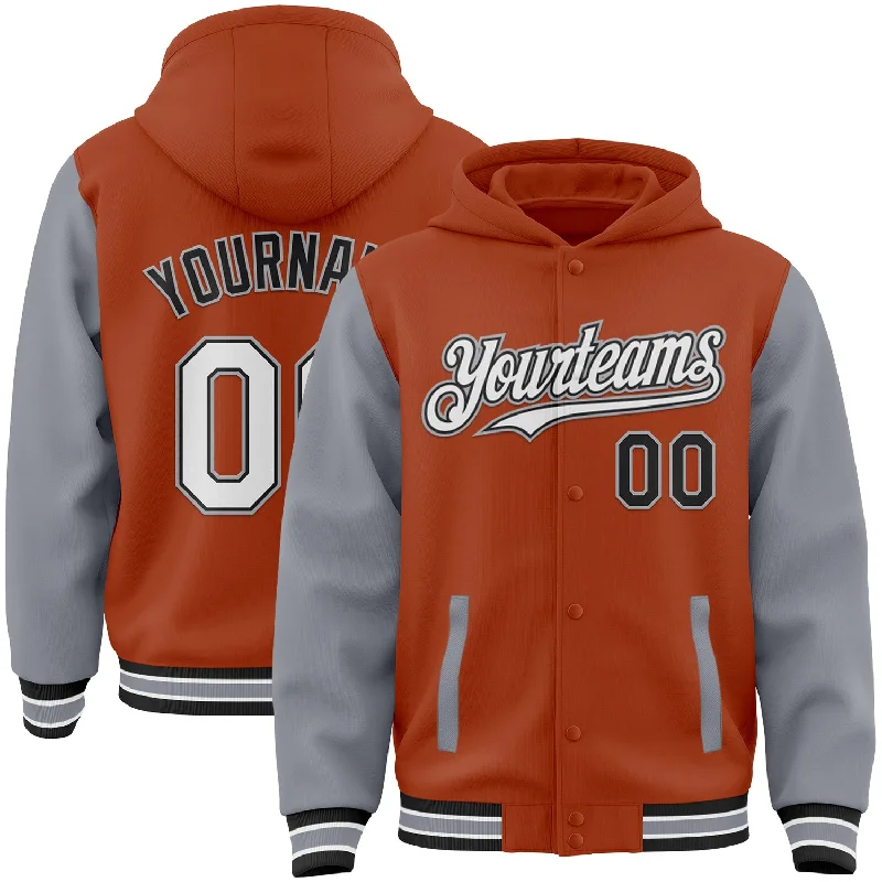 Urban-Inspired Unisex Fashion Trends Durable Fashion Picks Custom Texas Orange Black-Gray Bomber Full-Snap Varsity Letterman Two Tone Hoodie Jacket Urban-Inspired Unisex Fashion Trends Durable Fashion Picks Custom Texas Orange Black-Gray Bomber Full-Snap Varsity Letterman Two Tone Hoodie Jacket