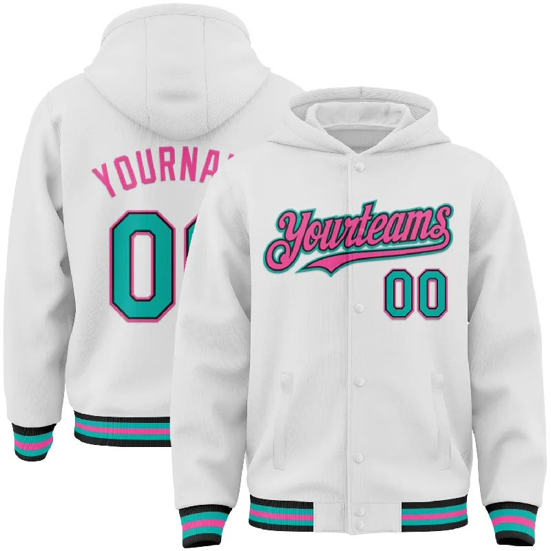 Urban Unisex Fashion Outfits Valentine's Special Custom White Aqua Black-Pink Bomber Full-Snap Varsity Letterman Hoodie Jacket