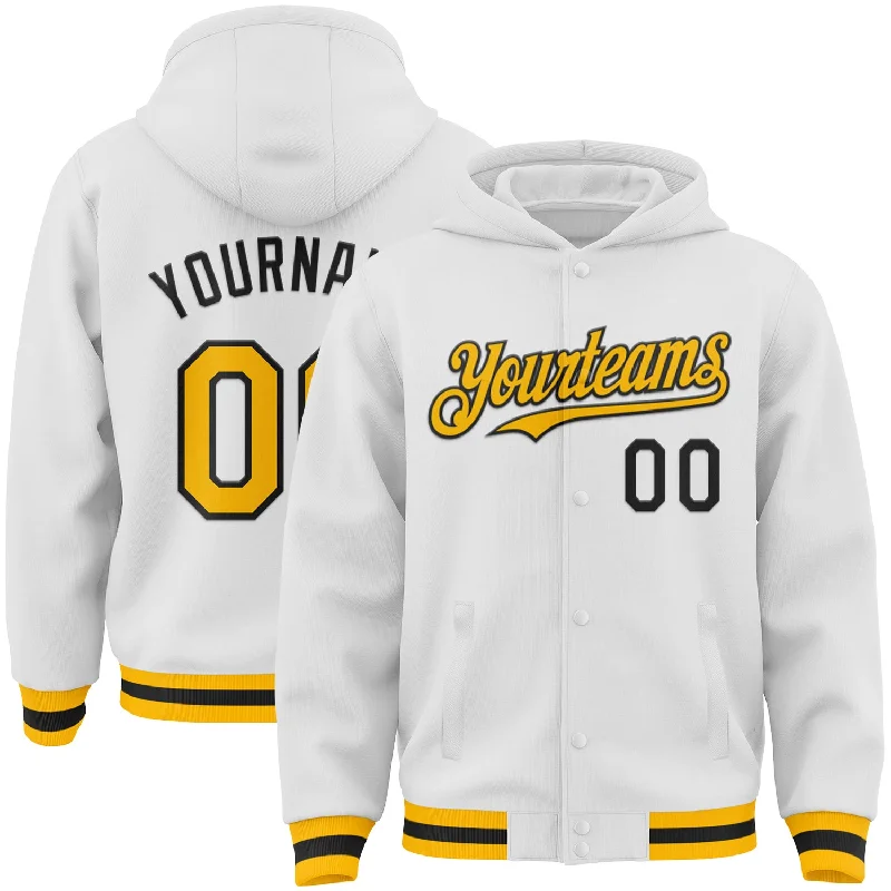 Gender-Neutral Trendy Clothing Styles Latest Trends Custom White Gold-Black Bomber Full-Snap Varsity Letterman Hoodie Jacket Gender-Neutral Trendy Clothing Styles Latest Trends Custom White Gold-Black Bomber Full-Snap Varsity Letterman Hoodie Jacket