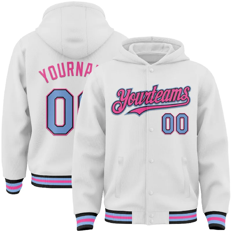 Relaxed-Fit Unisex Clothing Options Best-Sellers Custom White Light Blue Black-Pink Bomber Full-Snap Varsity Letterman Hoodie Jacket Relaxed-Fit Unisex Clothing Options Best-Sellers Custom White Light Blue Black-Pink Bomber Full-Snap Varsity Letterman Hoodie Jacket