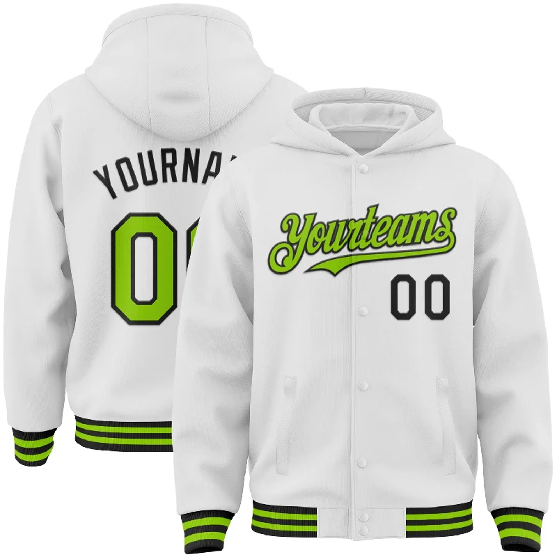 Comfortable And Stylish Unisex Outfits Elegant Style Custom White Neon Green-Black Bomber Full-Snap Varsity Letterman Hoodie Jacket Comfortable And Stylish Unisex Outfits Elegant Style Custom White Neon Green-Black Bomber Full-Snap Varsity Letterman Hoodie Jacket