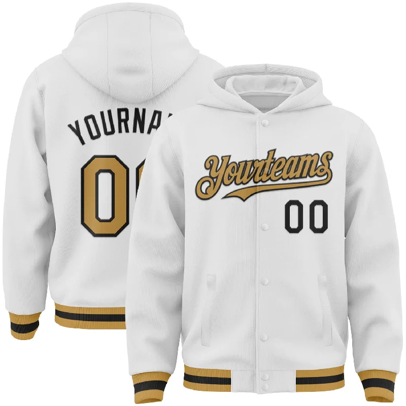 Breathable And Lightweight Unisex Wear Seasonal Fashion Custom White Old Gold-Black Bomber Full-Snap Varsity Letterman Hoodie Jacket Breathable And Lightweight Unisex Wear Seasonal Fashion Custom White Old Gold-Black Bomber Full-Snap Varsity Letterman Hoodie Jacket