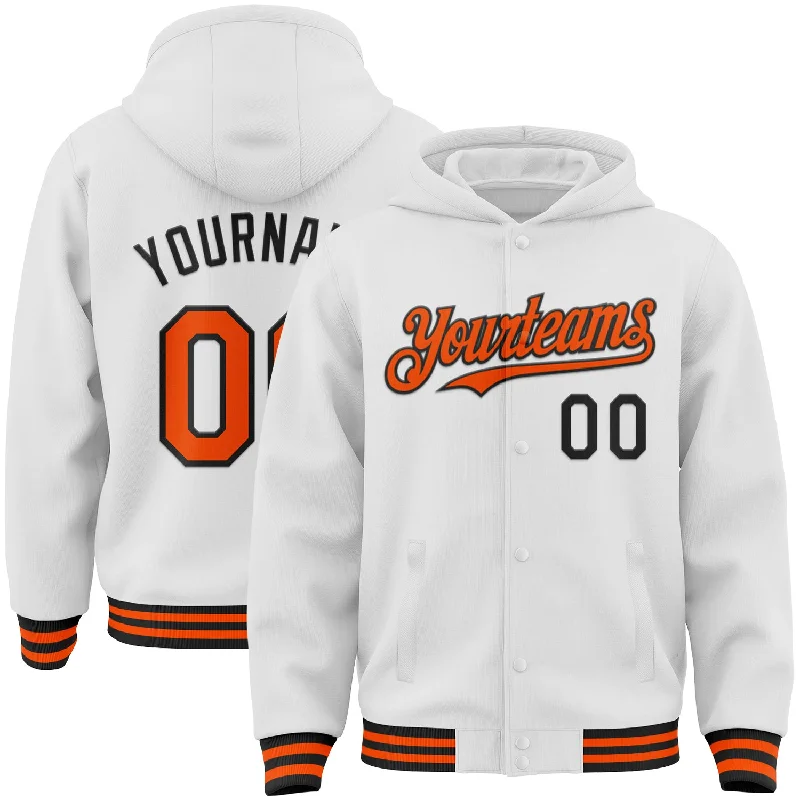 Elegant And Minimal Gender-Free Clothing Fashionista Favorites Custom White Orange-Black Bomber Full-Snap Varsity Letterman Hoodie Jacket Elegant And Minimal Gender-Free Clothing Fashionista Favorites Custom White Orange-Black Bomber Full-Snap Varsity Letterman Hoodie Jacket