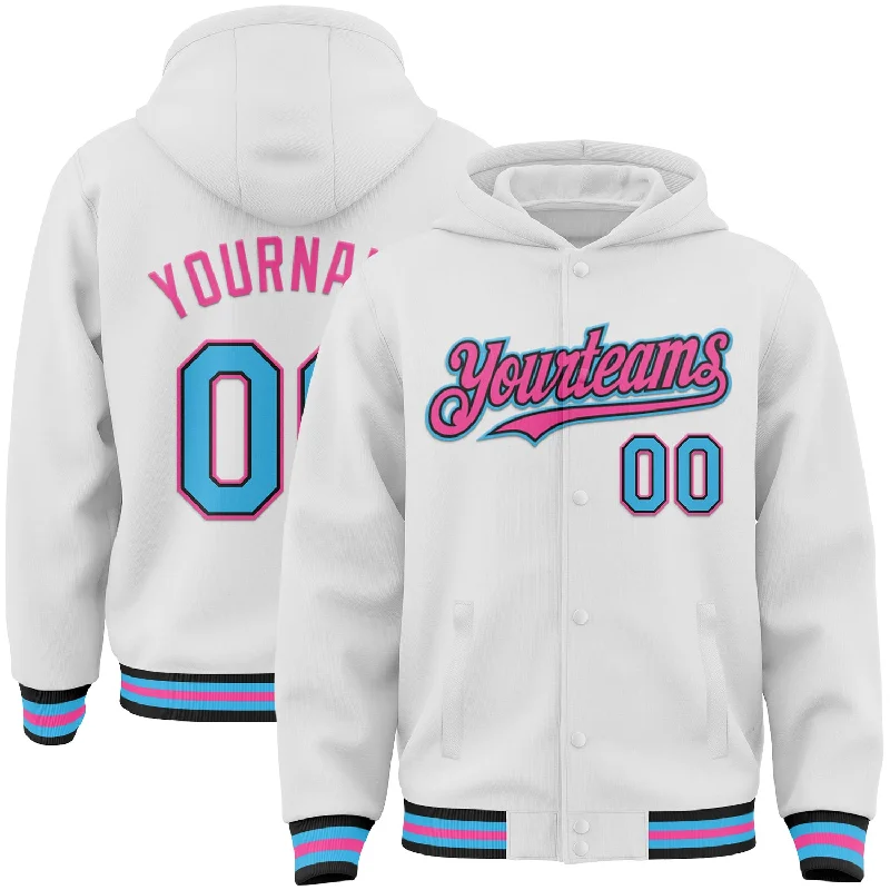 High-Quality Unisex Fashion Basics Fashion Sale Custom White Sky Blue Black-Pink Bomber Full-Snap Varsity Letterman Hoodie Jacket